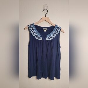 Style & Co PL Blue Navy Sleeveless Floral Embroidery Elegant Casual Blouse